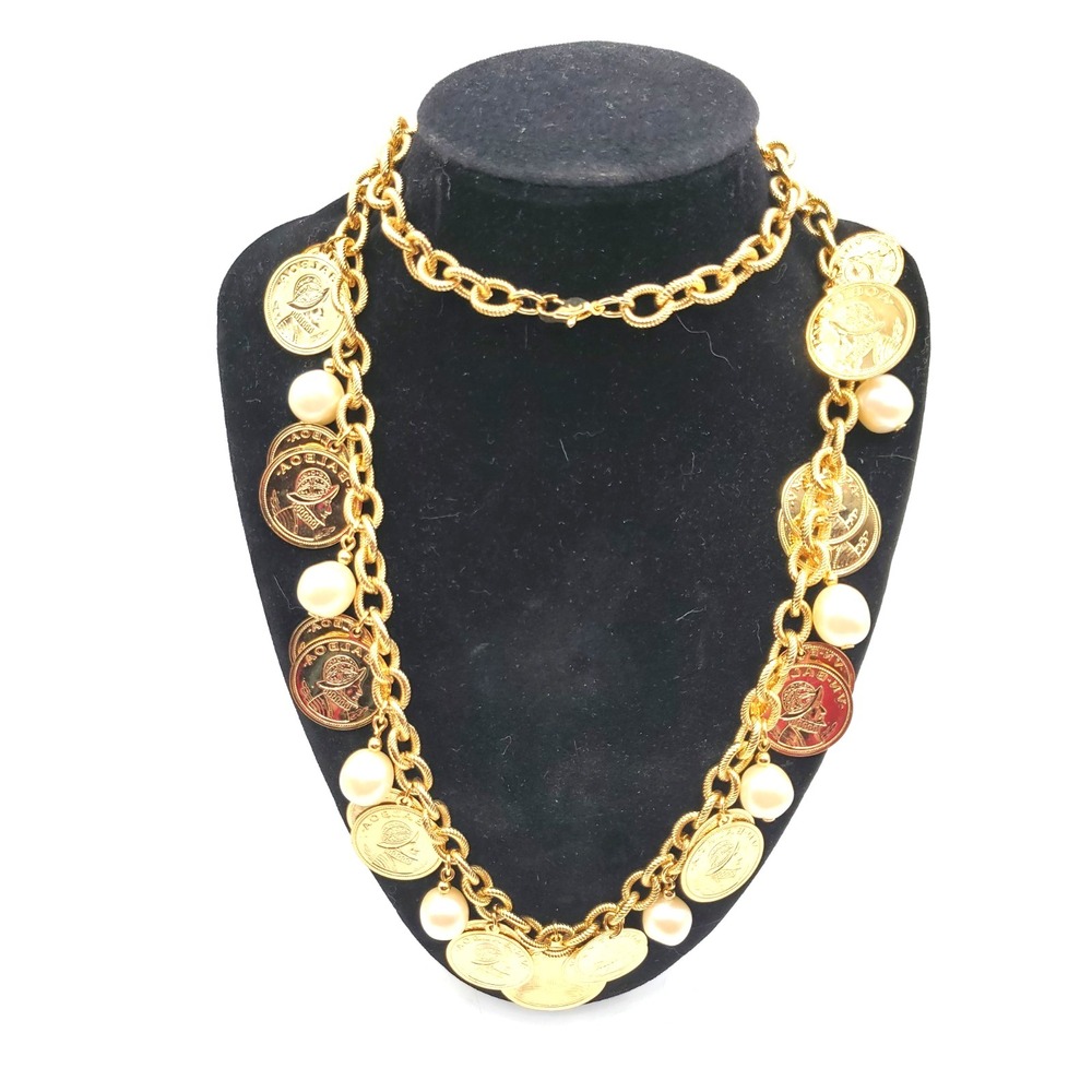 30" Statement Coin‎ Necklace Faux Pearl Charms Twisted Rope Chain Gold Tone